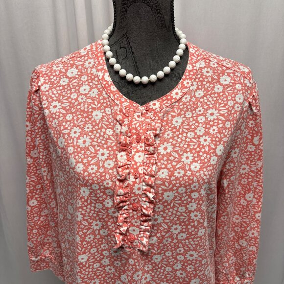 Croft and Barrow Floral Top Womens Size Large Coral White Ruffle Front Blouse - Picture 2 of 8